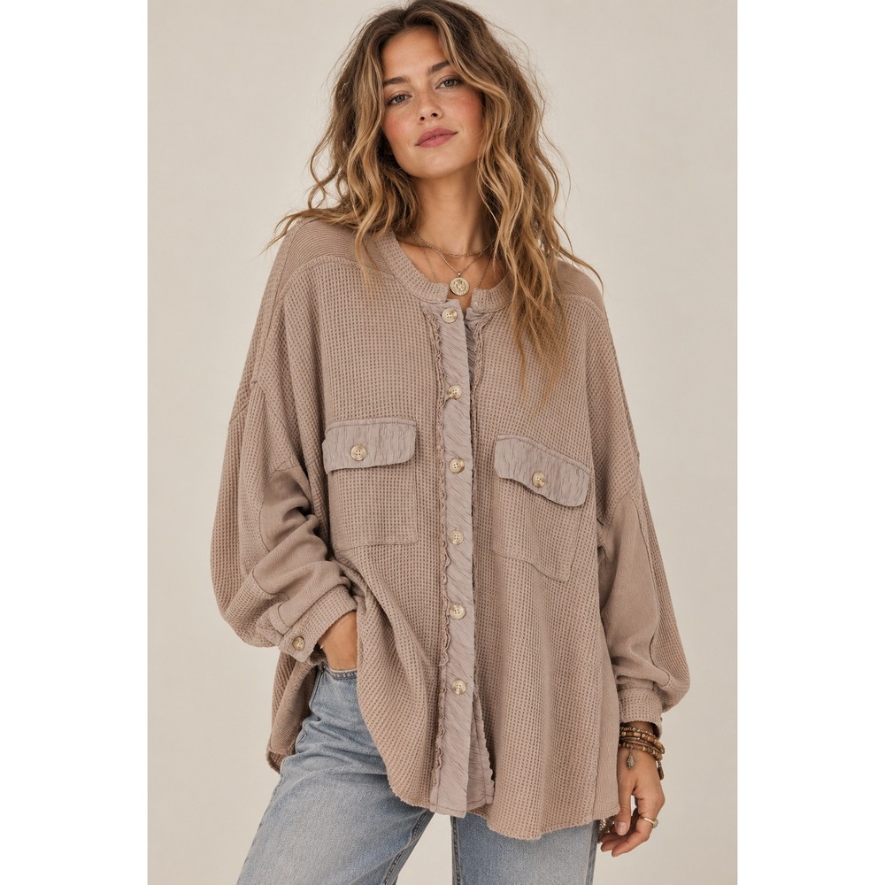 Waffle Knit Button Front Shacket Womens L Taupe Oversized Boho Minimalist Chic